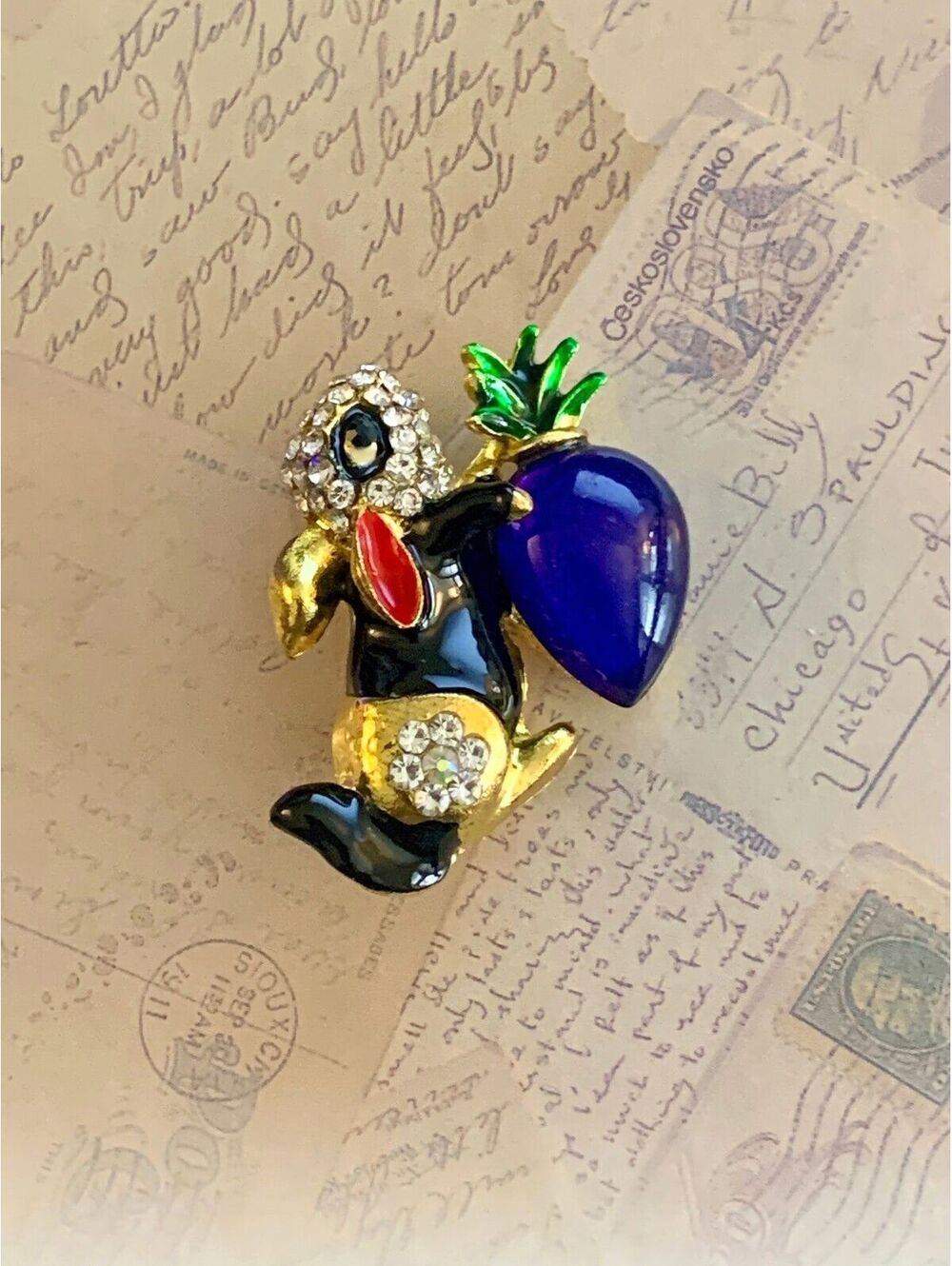 Quirky Toucan Brooch with Sparkling Crystals and Blue Pineapple Charm